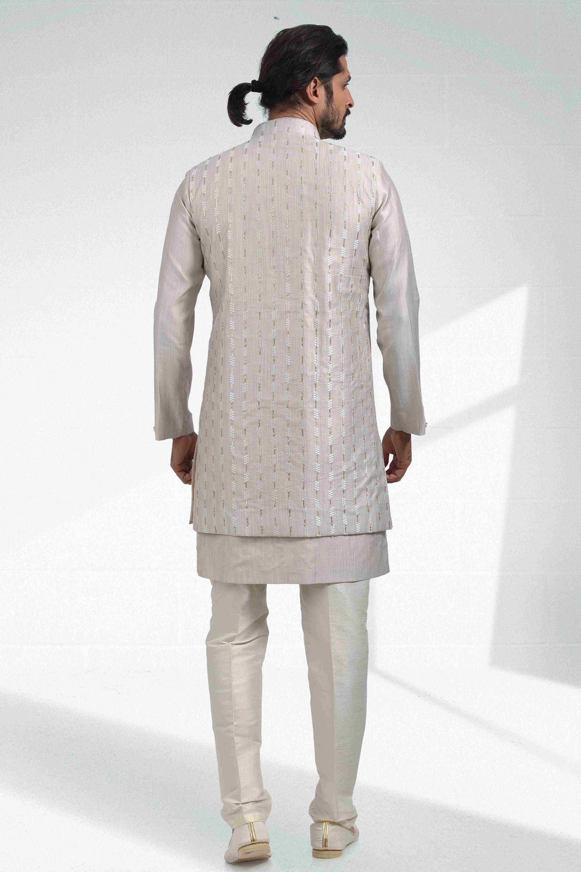 Raivat Ethnic Art Banarasi Silk Thread Work 3 Pics Jacket Set In Grey Colour