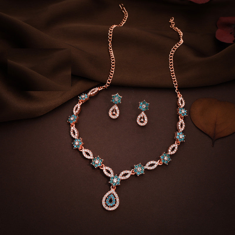Tehzeeb Creations Elegant Sky Blue Polished American Diamond (Ad) Studded Necklace And Earring Set For Women Tehzeeb Creations