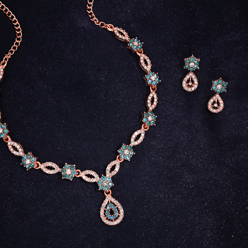 Tehzeeb Creations Elegant Sky Blue Polished American Diamond (Ad) Studded Necklace And Earring Set For Women Tehzeeb Creations