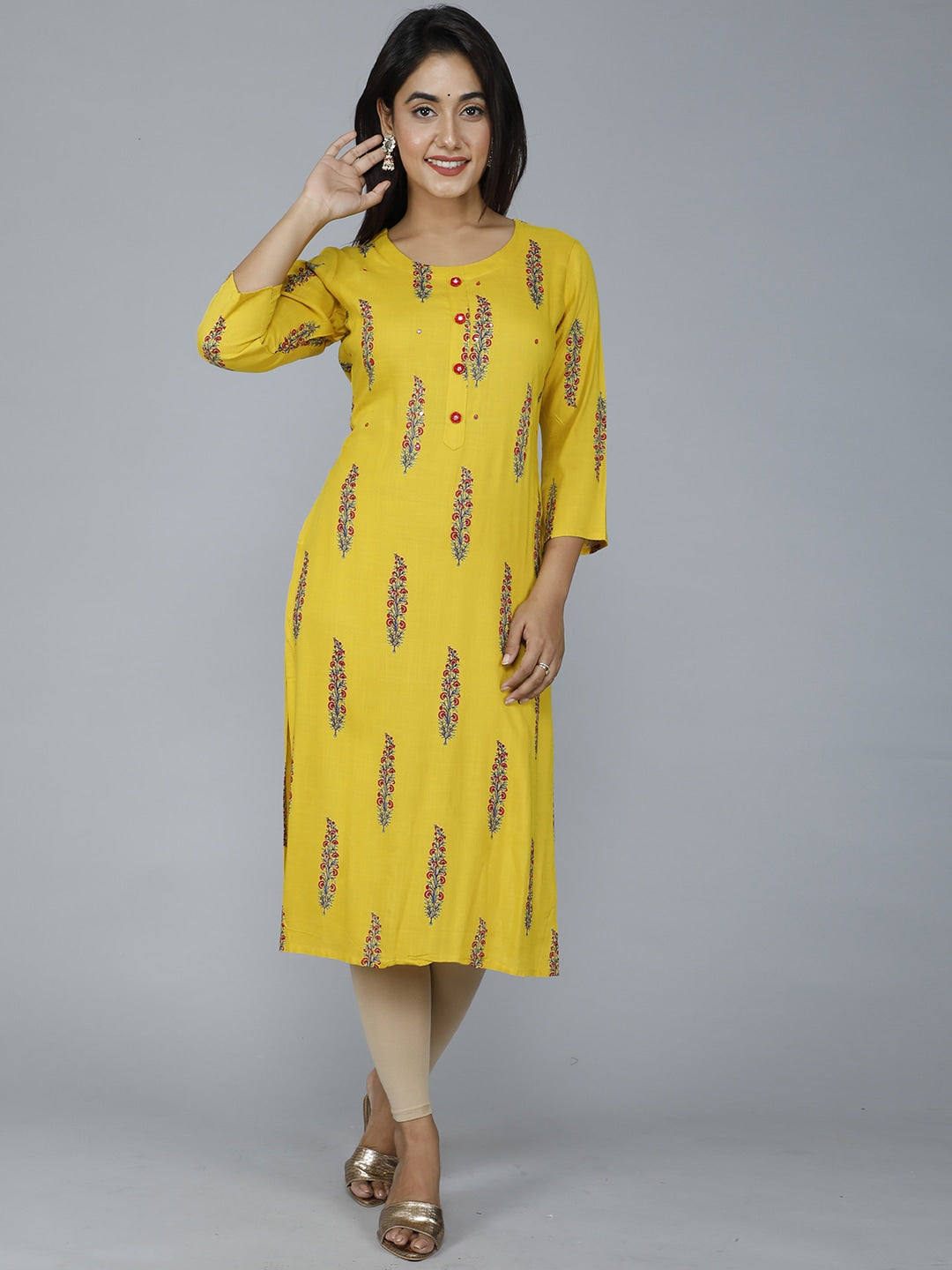 HERE&NOW Women Mustard Yellow Floral Mirror Work Floral Kurta