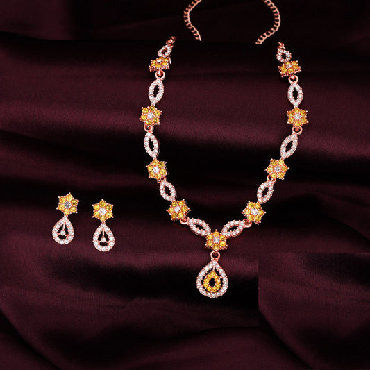 Tehzeeb Creations Elegant Yellow Polished American Diamond (Ad) Studded Necklace And Earring Set For Women Tehzeeb Creations