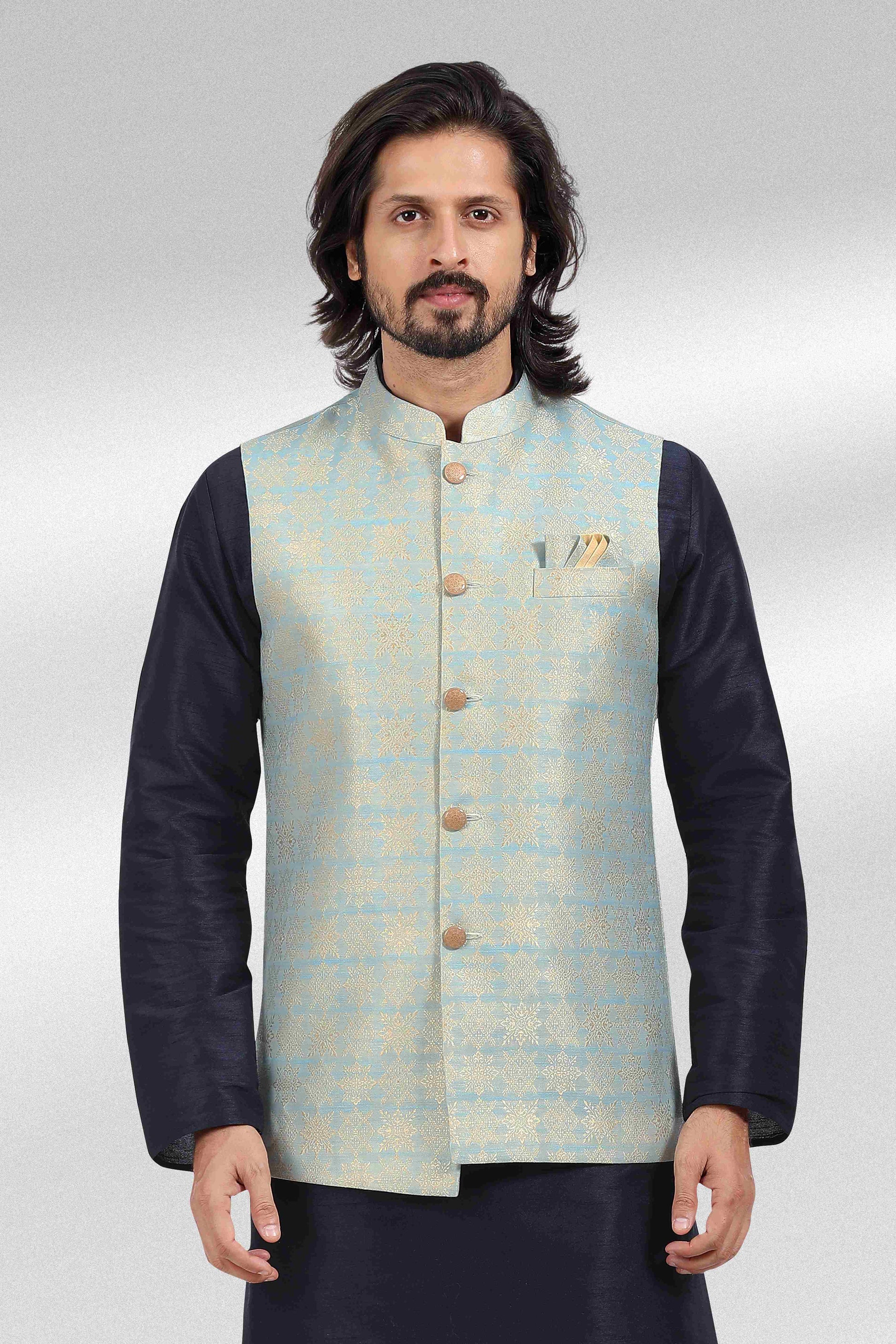 Raivat Ethnic Jacquard Banarasi Silk Woven Work 3 Pics Jacket Set In Blue Colour