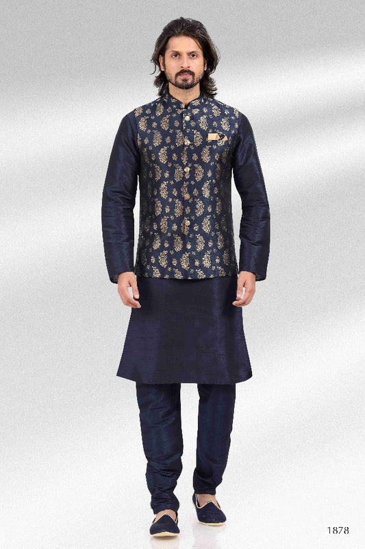 Raivat Ethnic Jacquard Banarasi Silk Woven Work 3 Pics Jacket Set In Blue Colour