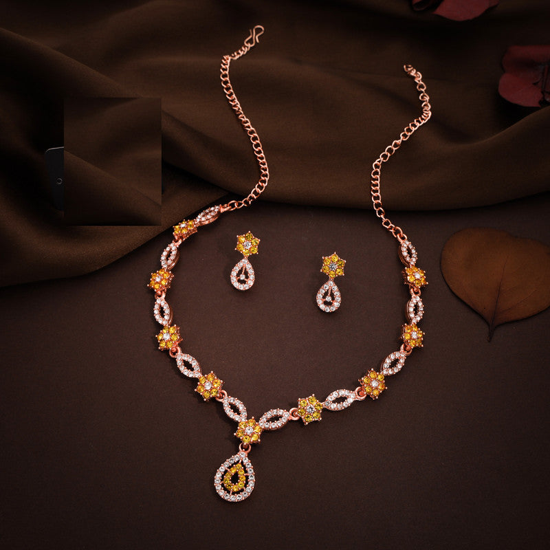 Tehzeeb Creations Elegant Yellow Polished American Diamond (Ad) Studded Necklace And Earring Set For Women Tehzeeb Creations