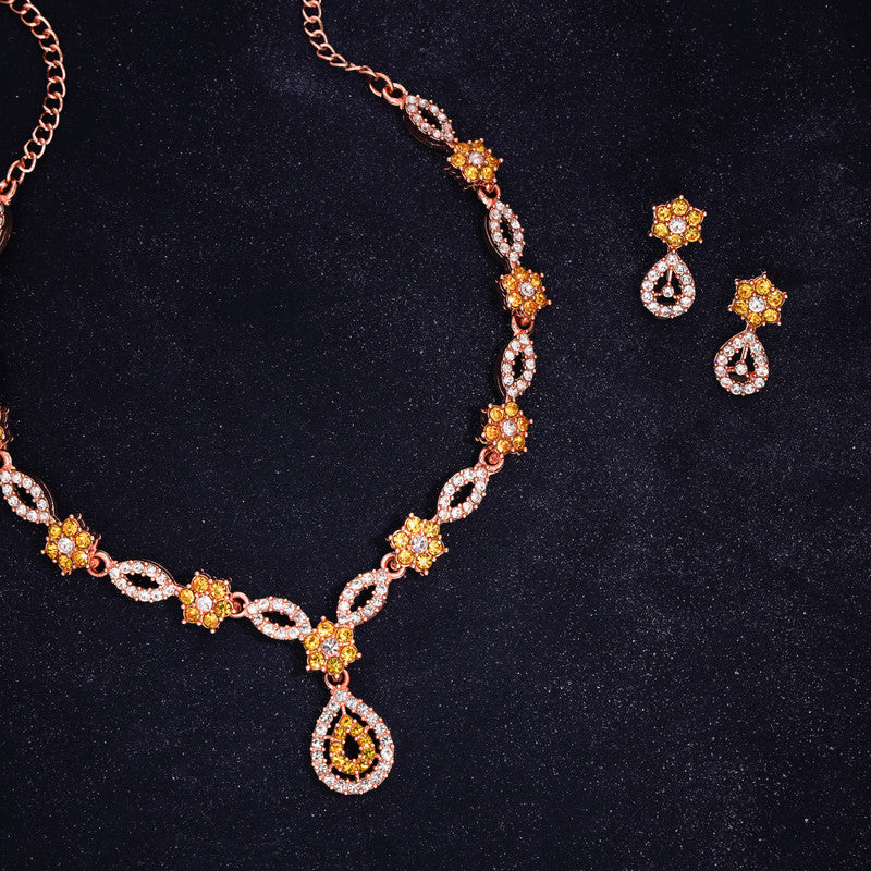 Tehzeeb Creations Elegant Yellow Polished American Diamond (Ad) Studded Necklace And Earring Set For Women Tehzeeb Creations