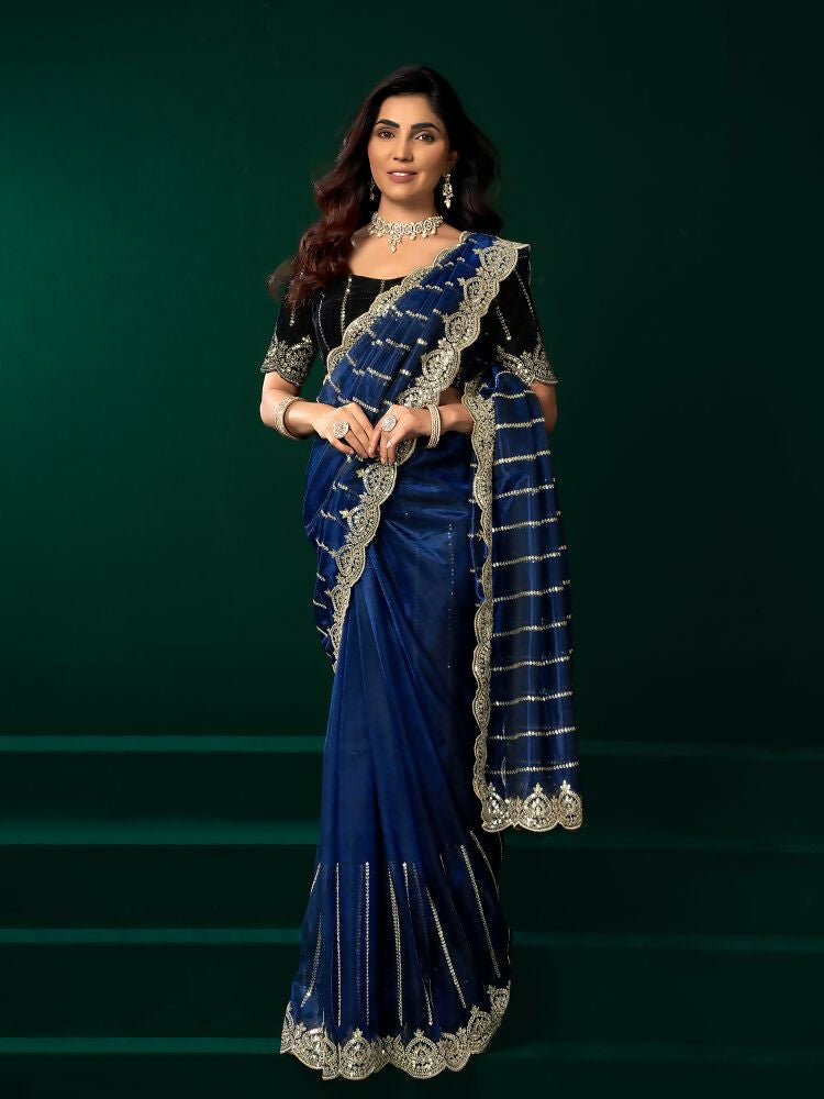 Joban Fashion Navy Blue Net Party Wear Sarees