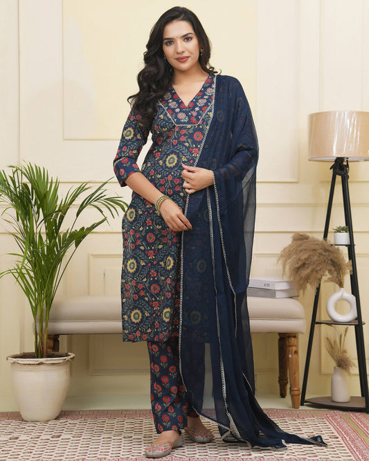 Vaasva Women Navy Cotton Kurta With Cotton Pant & Dupatta 