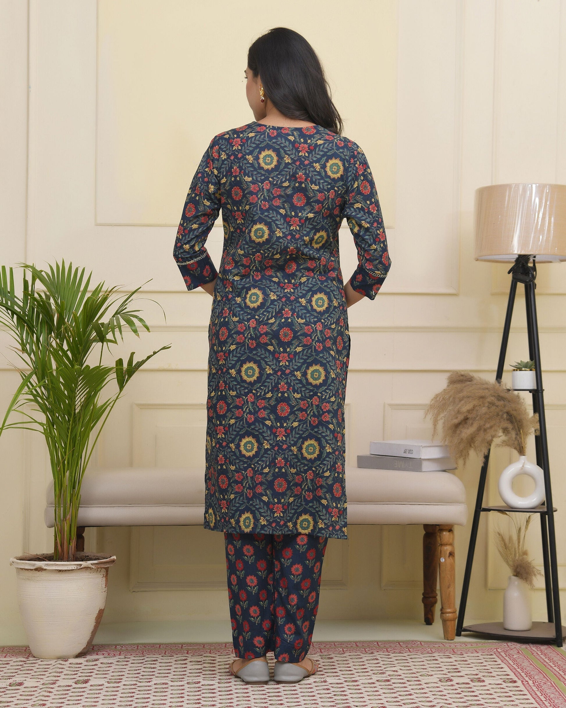 Vaasva Women Navy Cotton Kurta With Cotton Pant & Dupatta 