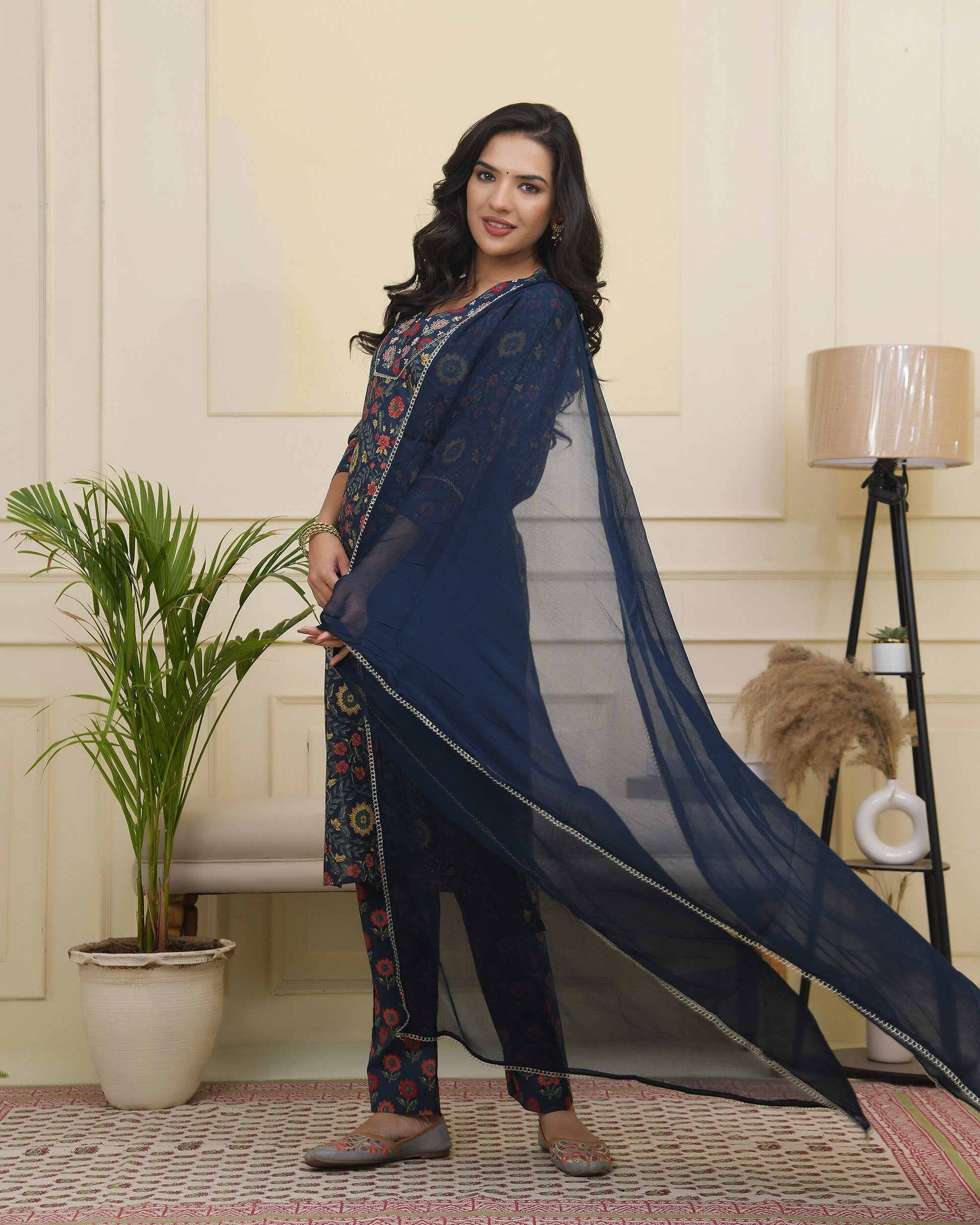 Vaasva Women Navy Cotton Kurta With Cotton Pant & Dupatta 