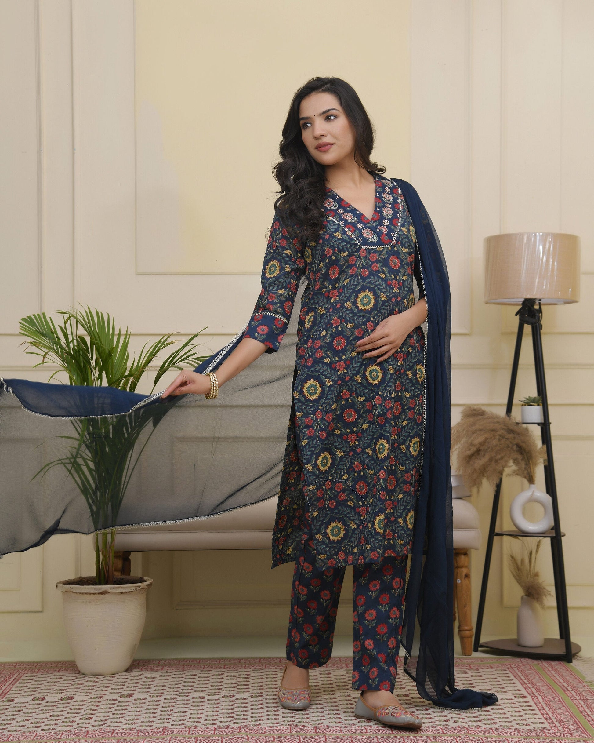 Vaasva Women Navy Cotton Kurta With Cotton Pant & Dupatta 