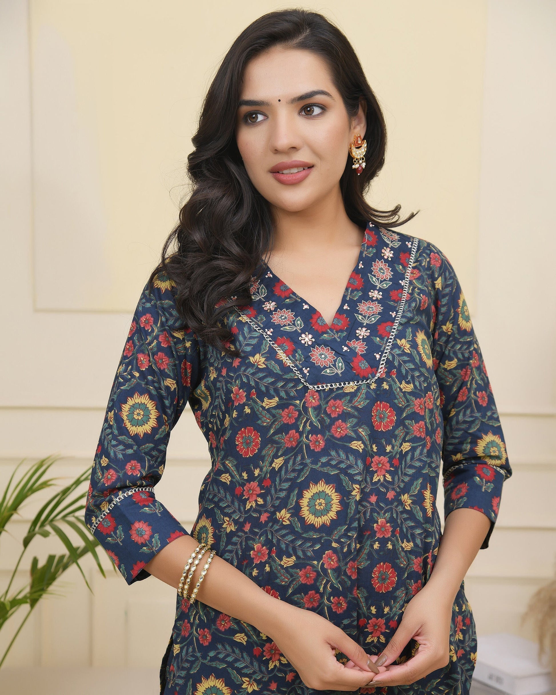 Vaasva Women Navy Cotton Kurta With Cotton Pant & Dupatta 