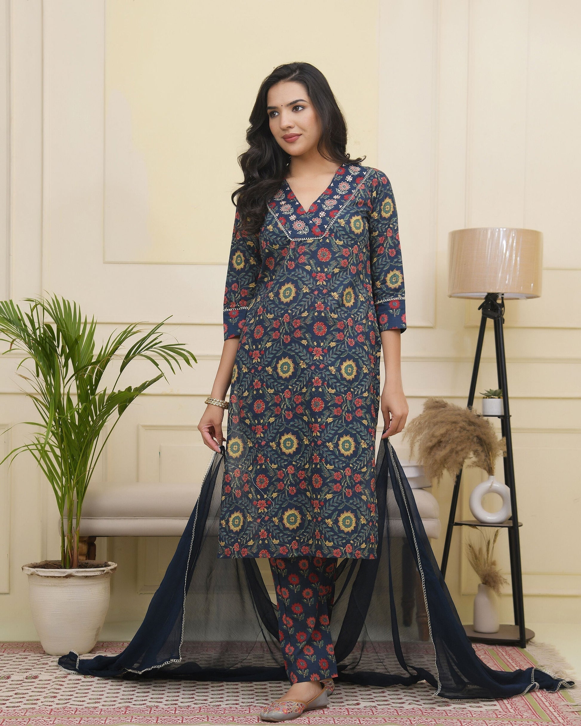 Vaasva Women Navy Cotton Kurta With Cotton Pant & Dupatta 