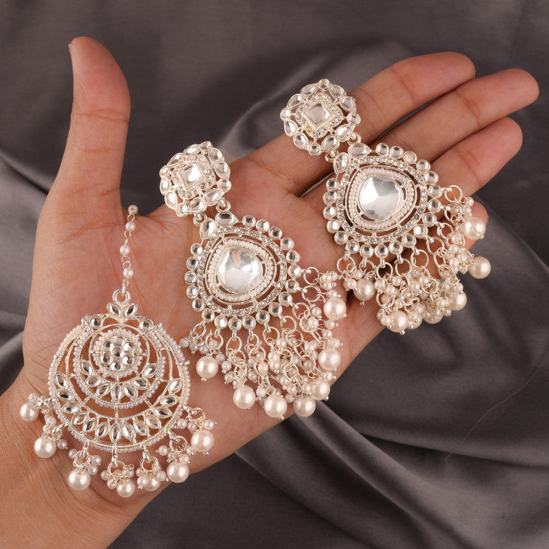 Tehzeeb Creations White Gold Trending Style Drop & Danglers Earring With Tikka For Girls & Women Diamond, Pearl Brass Drops | Grab2Buy