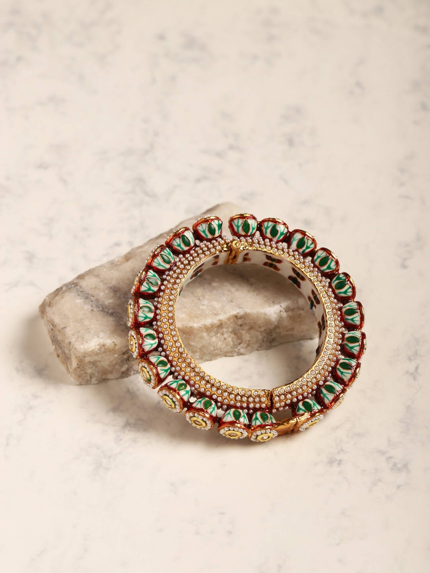 Gold-Polished Green Kundan-Studded Bangle - Ruby Raang 