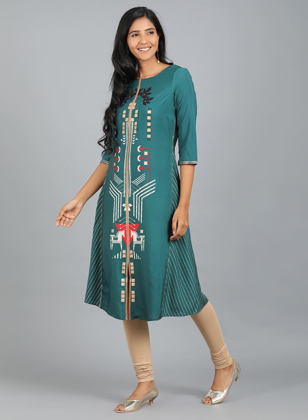 W for Woman Teal Blue Round Neck Printed kurta