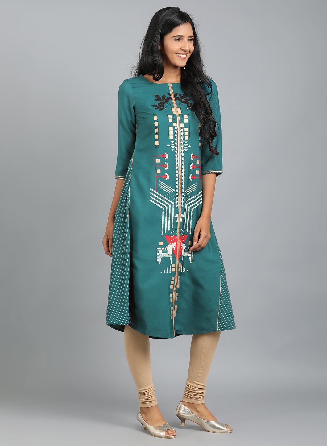 W for Woman Teal Blue Round Neck Printed kurta