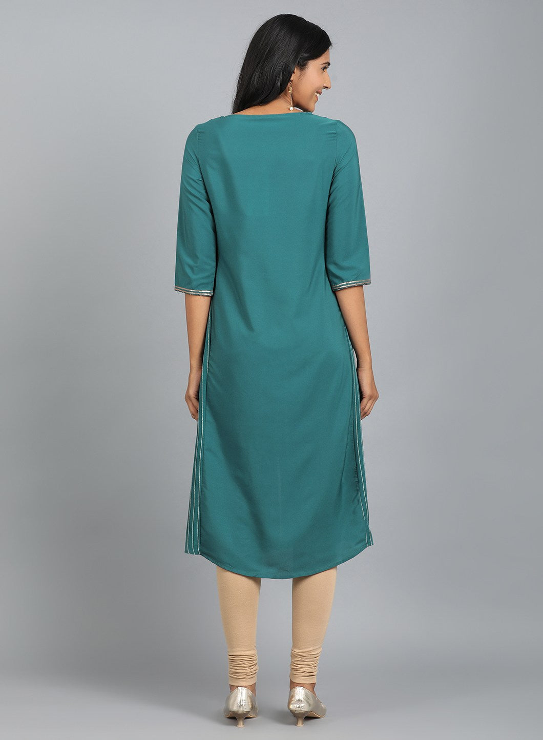 W for Woman Teal Blue Round Neck Printed kurta