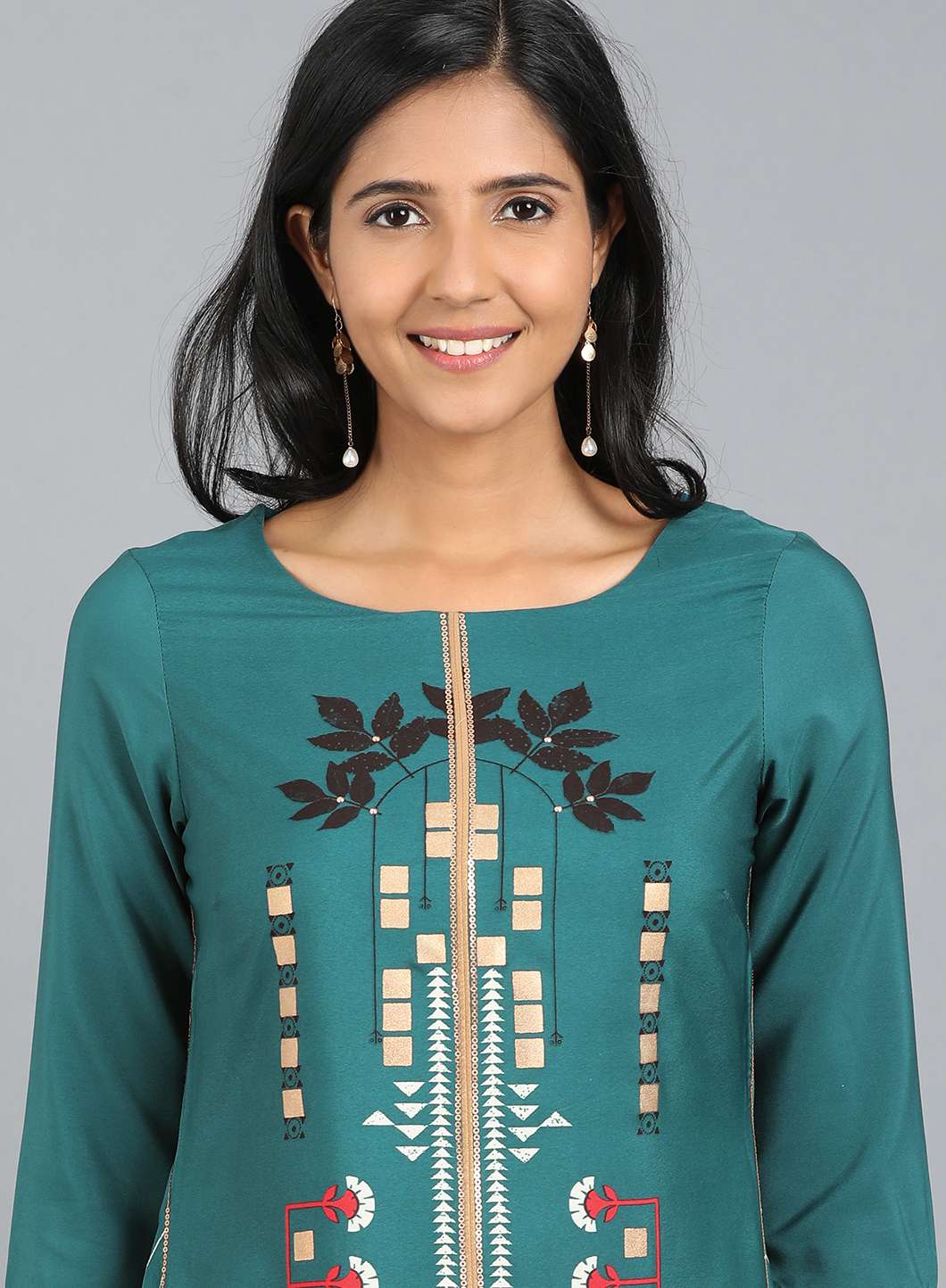 W for Woman Teal Blue Round Neck Printed kurta