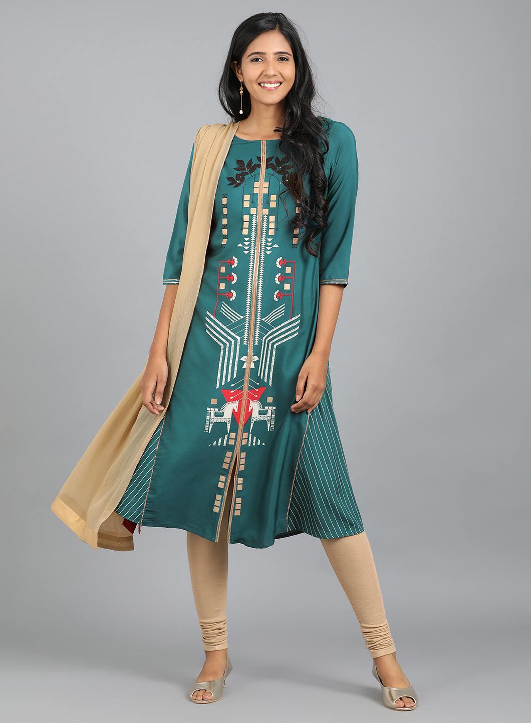 W for Woman Teal Blue Round Neck Printed kurta