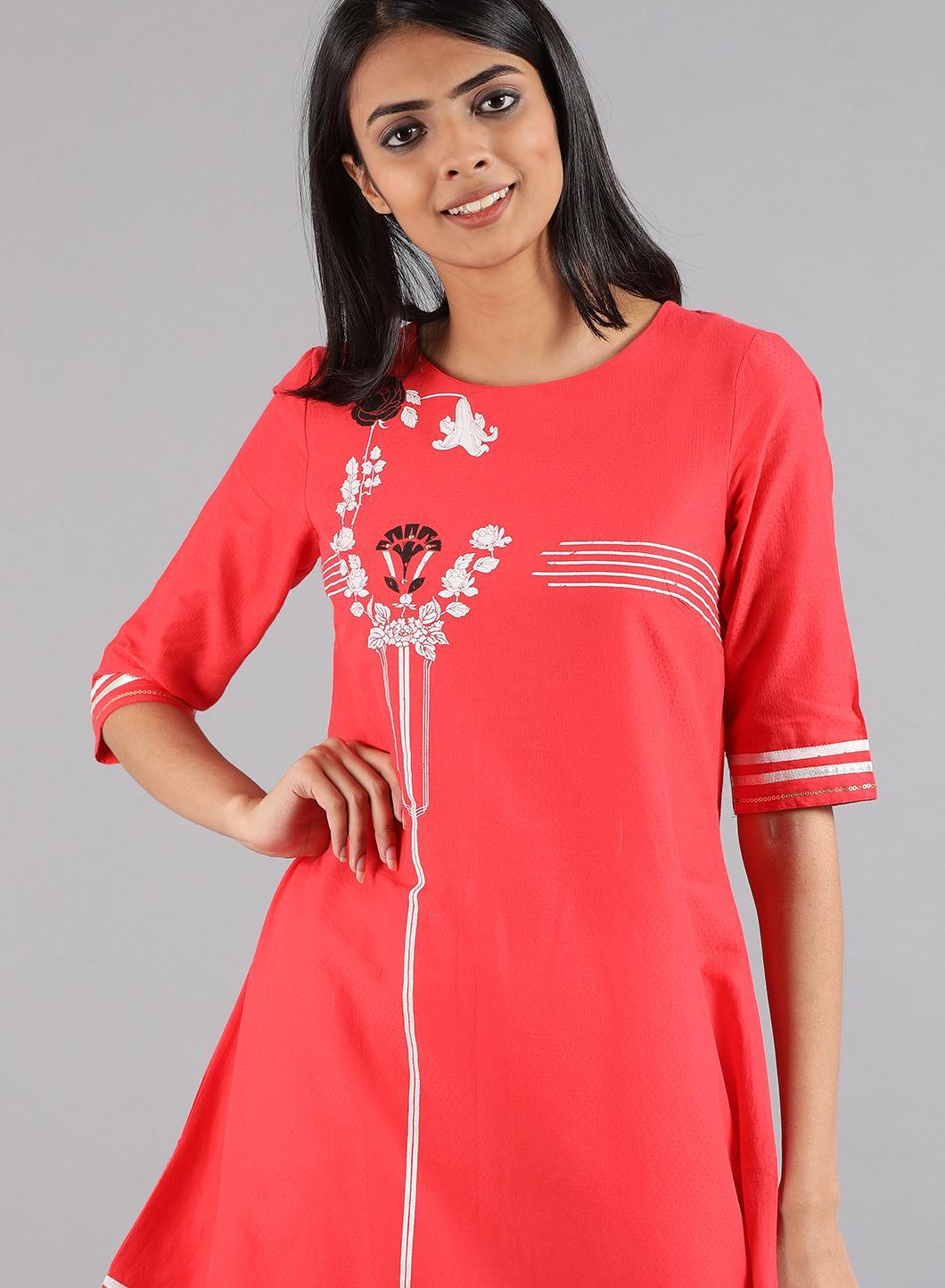 W for Woman Red Round Neck Floral Print kurta