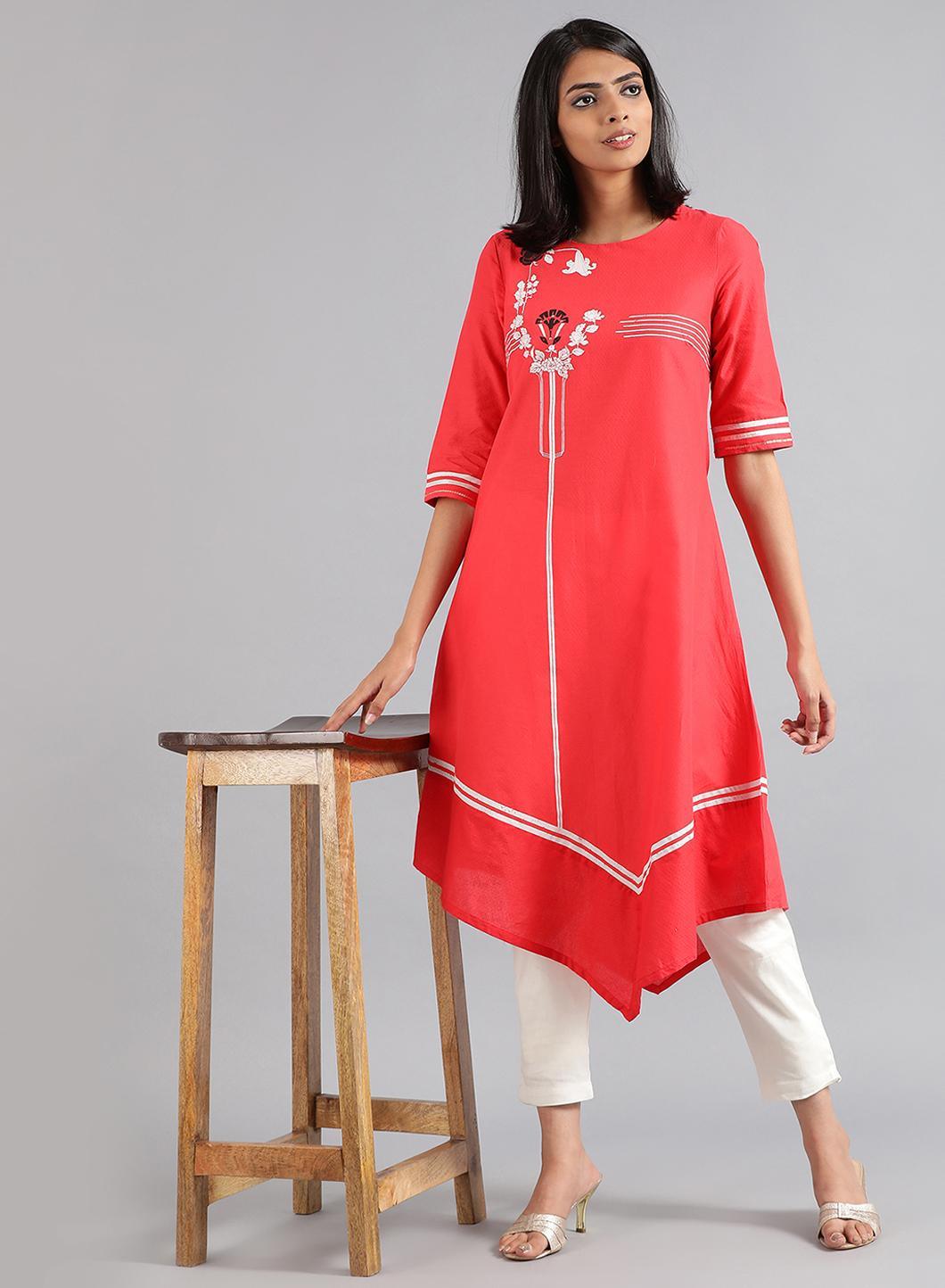 W for Woman Red Round Neck Floral Print kurta