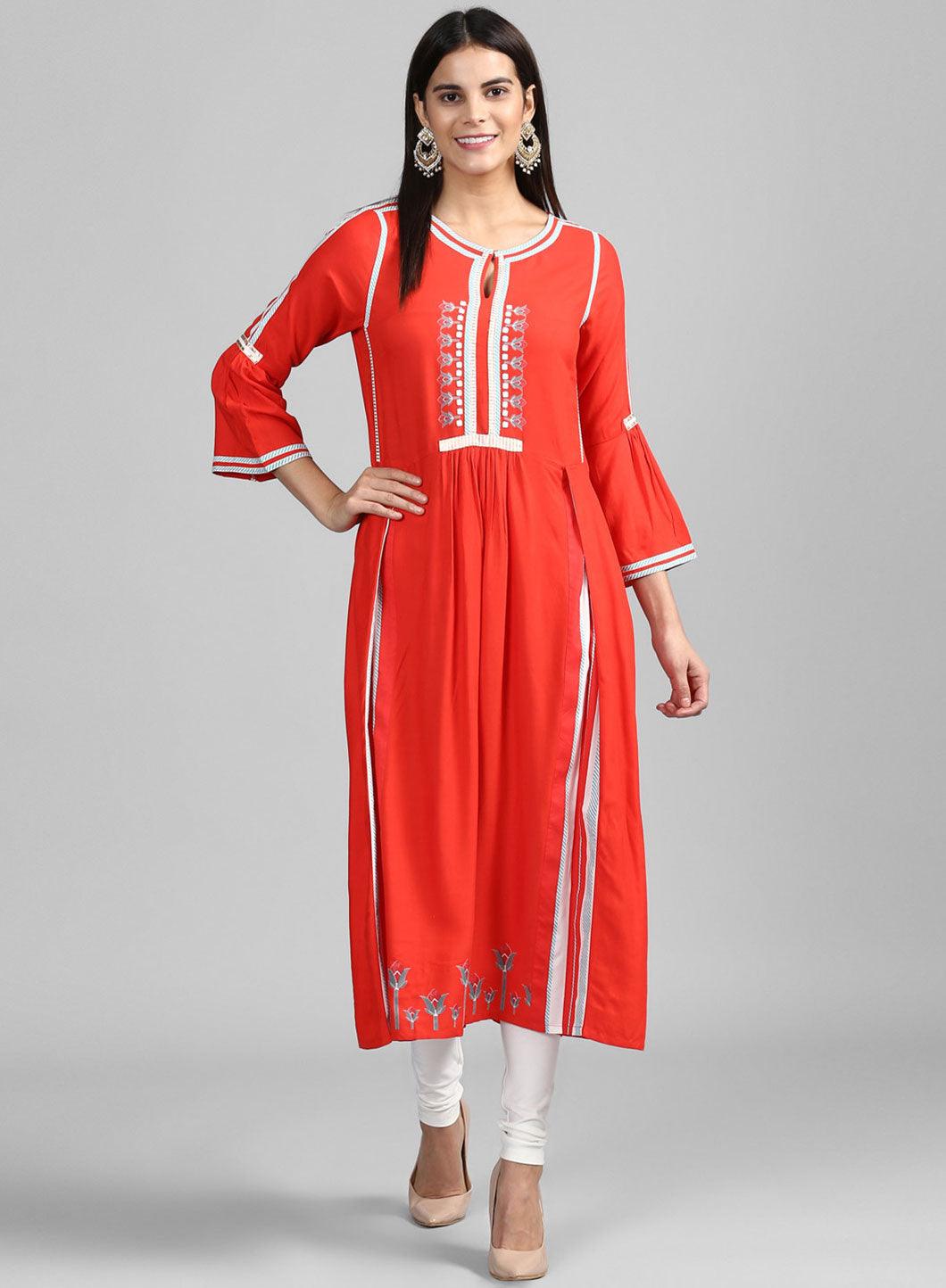 W for Woman Red Round Neck Floral Print kurta