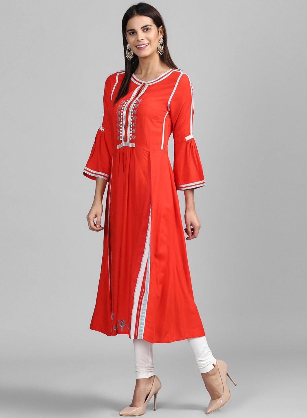 W for Woman Red Round Neck Floral Print kurta