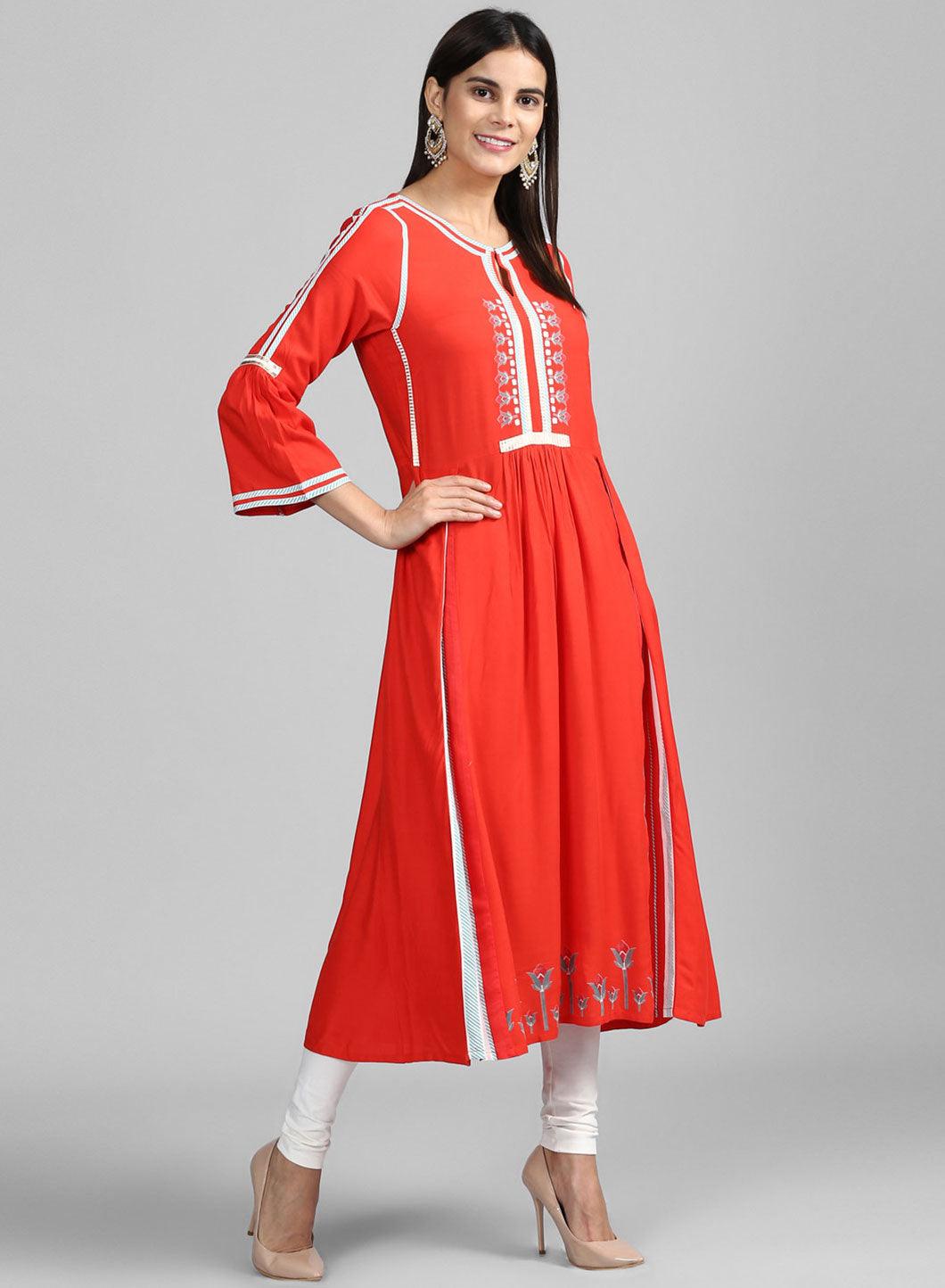 W for Woman Red Round Neck Floral Print kurta