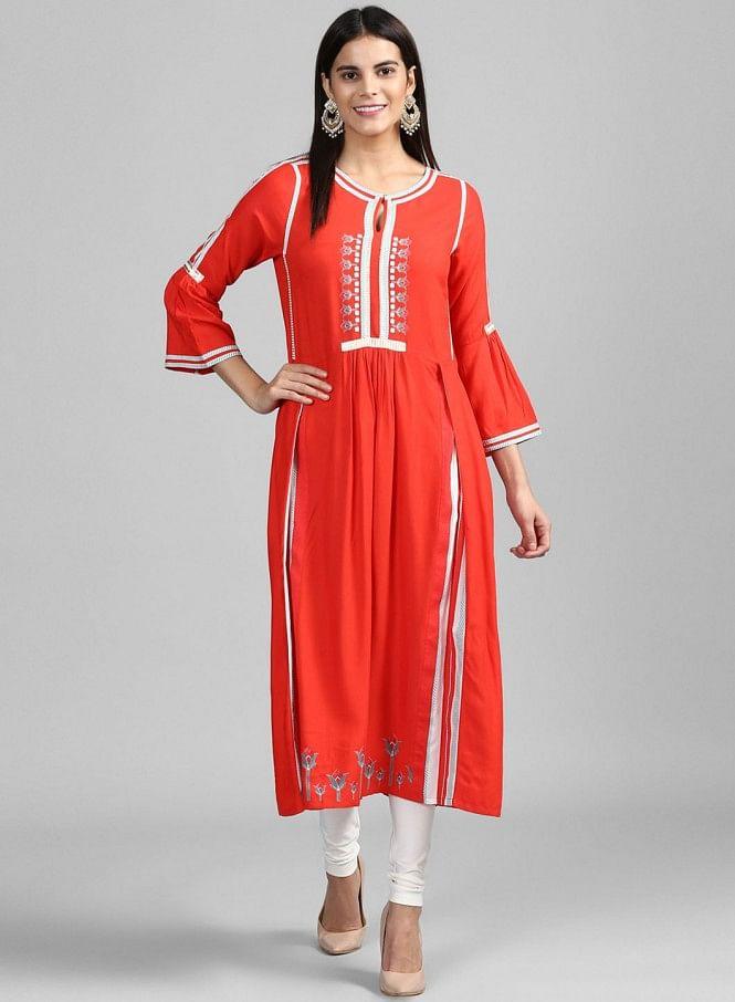 W for Woman Red Round Neck Floral Print kurta