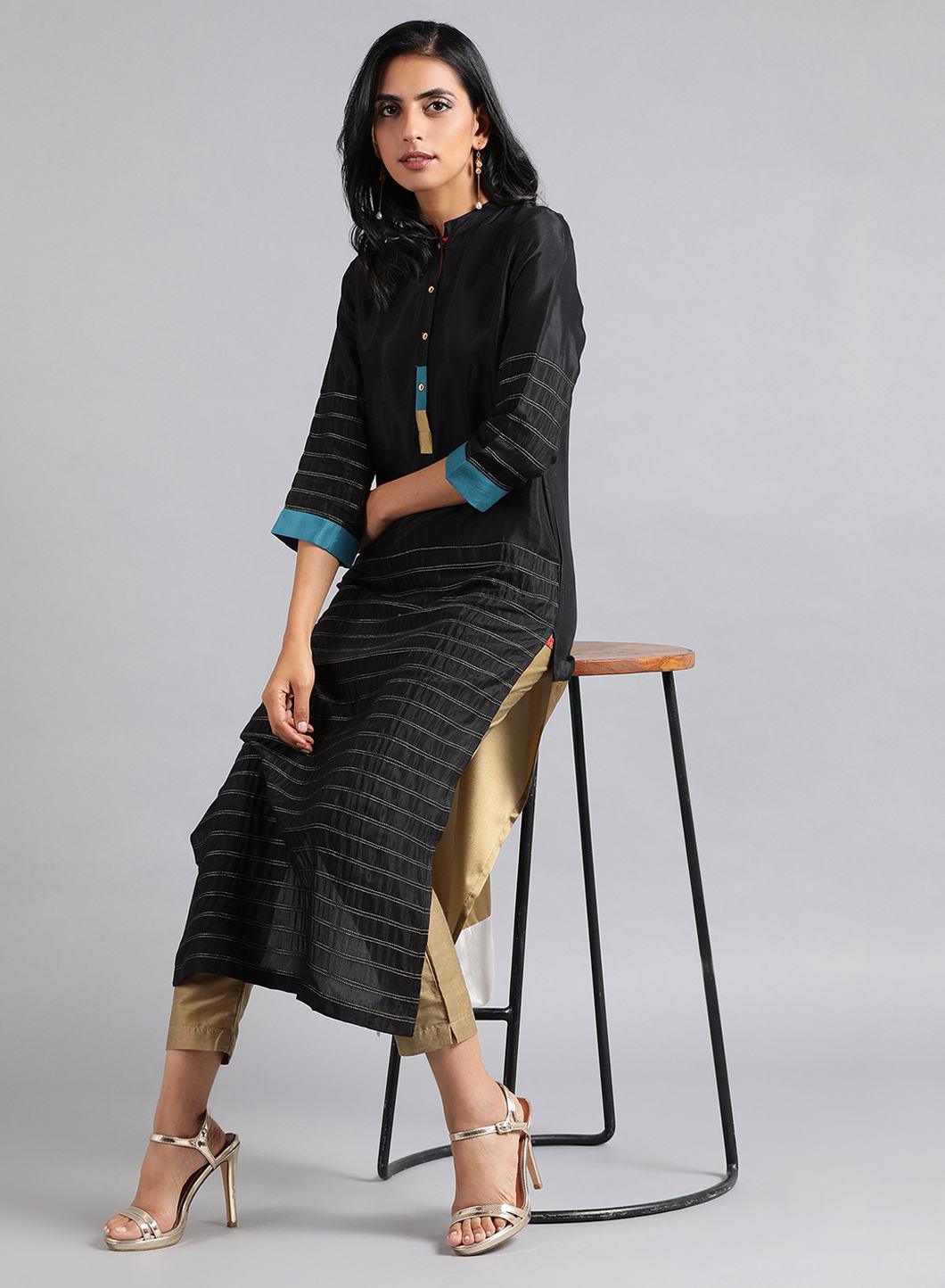 W for Woman Black Mandarin Neck Kaleido kurta