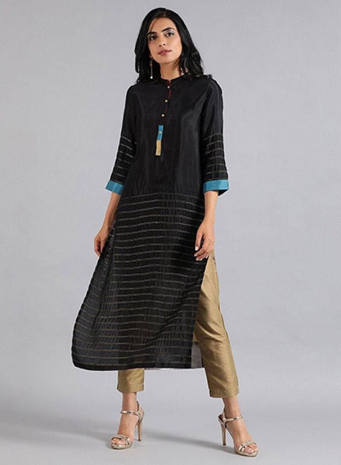 W for Woman Black Mandarin Neck Kaleido kurta