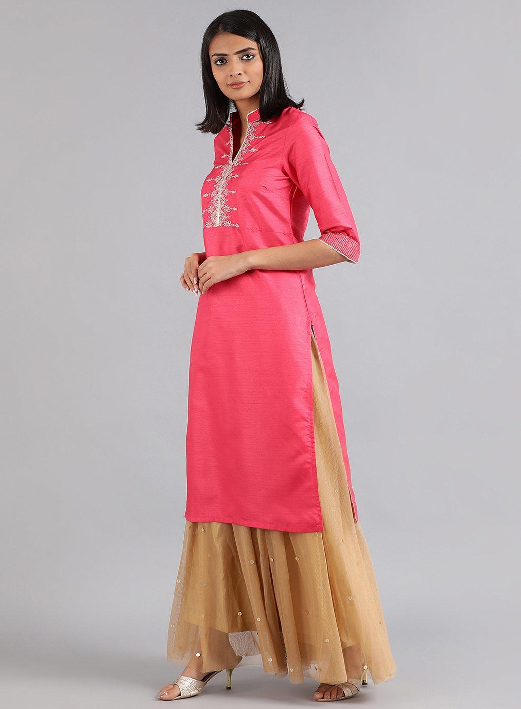 W for Woman Pink Mandarin Neck Solid kurta