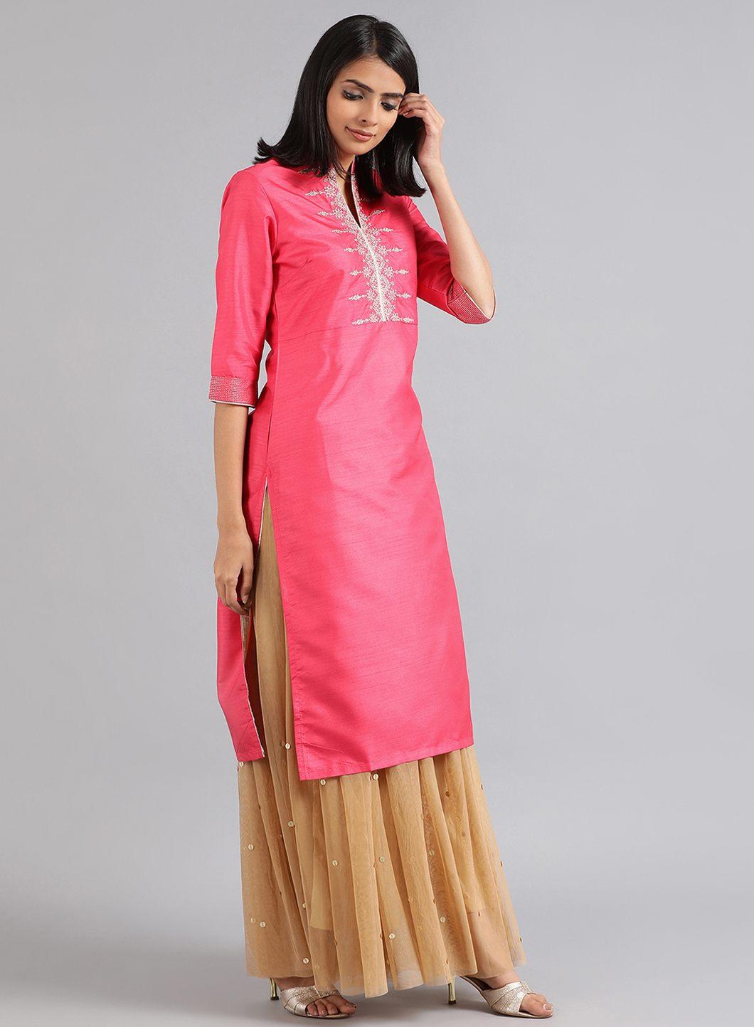 W for Woman Pink Mandarin Neck Solid kurta