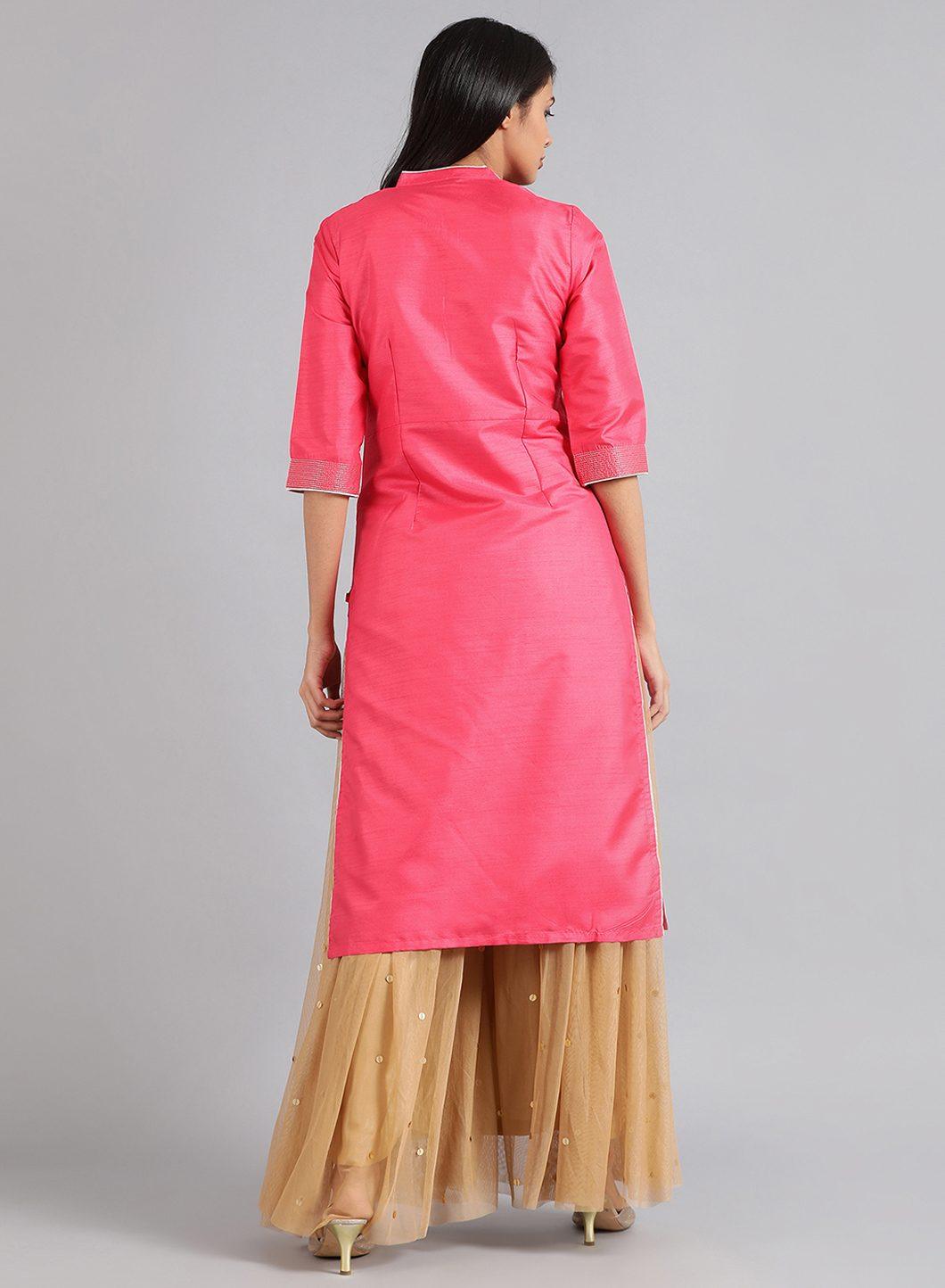W for Woman Pink Mandarin Neck Solid kurta