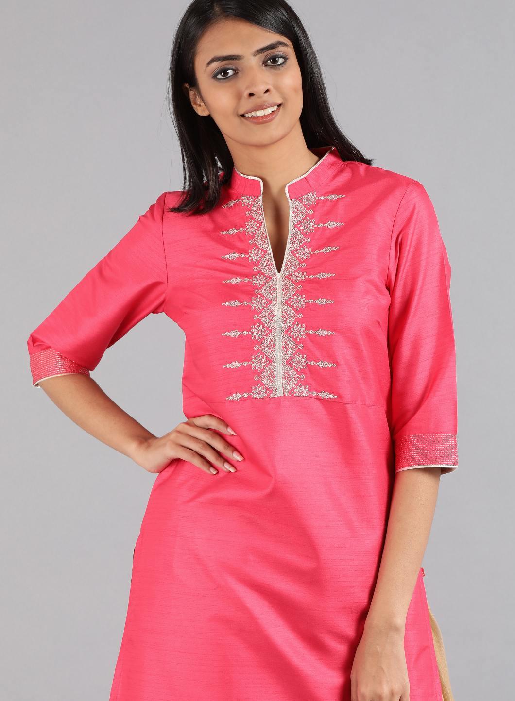 W for Woman Pink Mandarin Neck Solid kurta