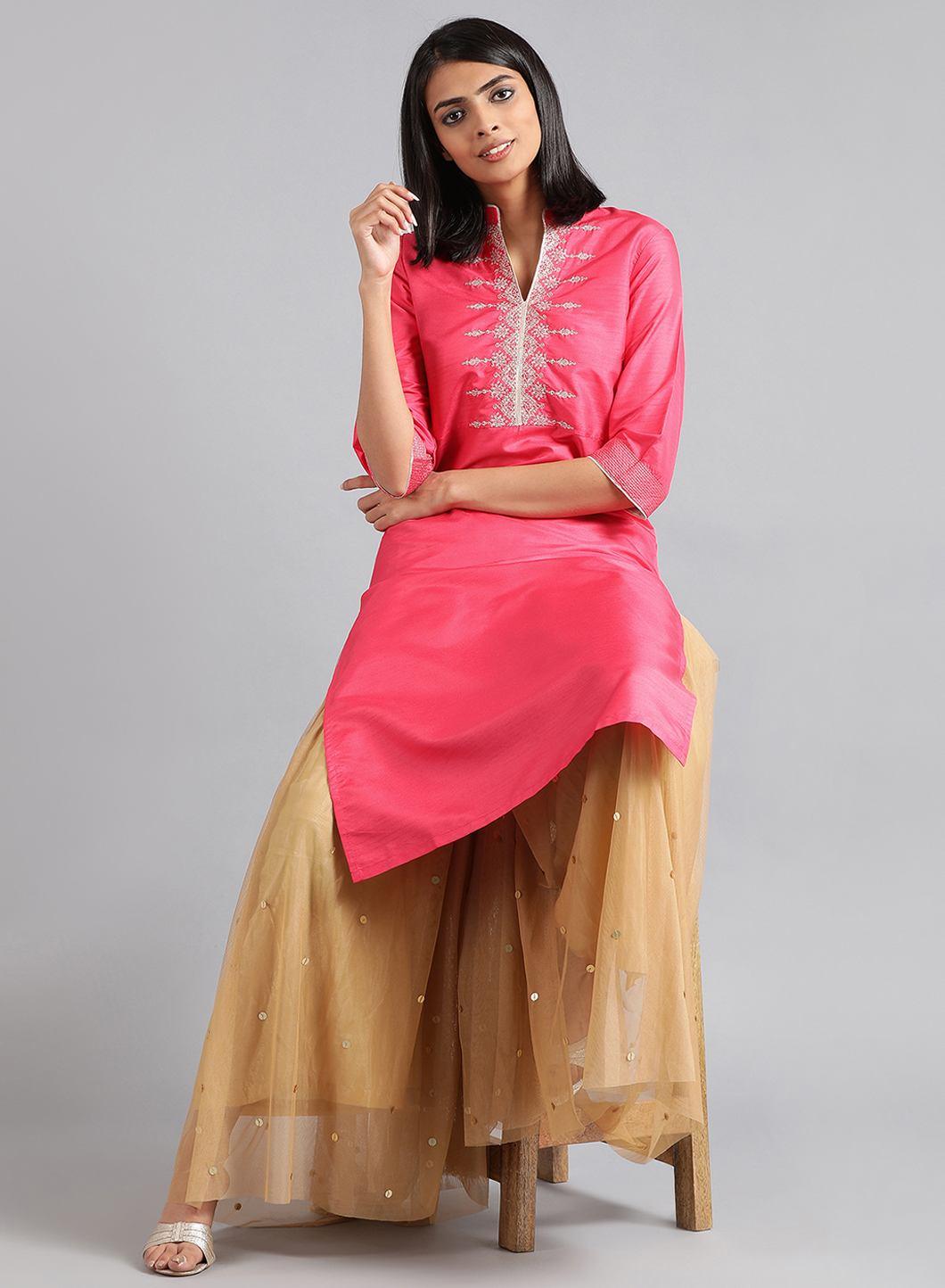 W for Woman Pink Mandarin Neck Solid kurta