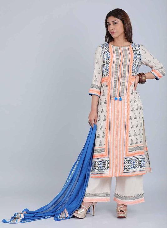 W for Woman Off-White & Orange Printed kurta