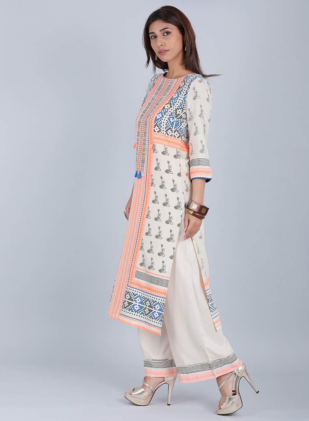 W for Woman Off-White & Orange Printed kurta