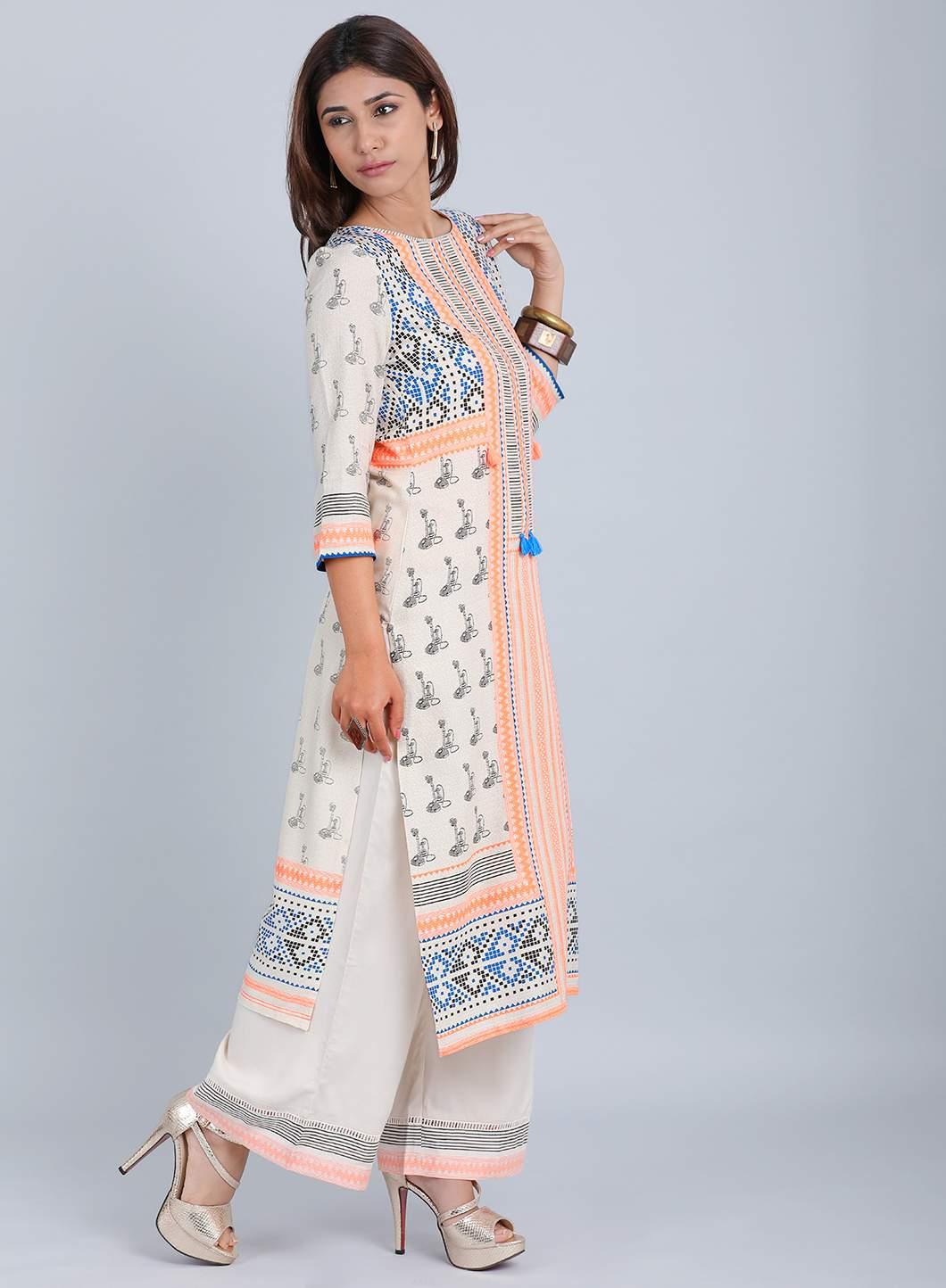 W for Woman Off-White & Orange Printed kurta
