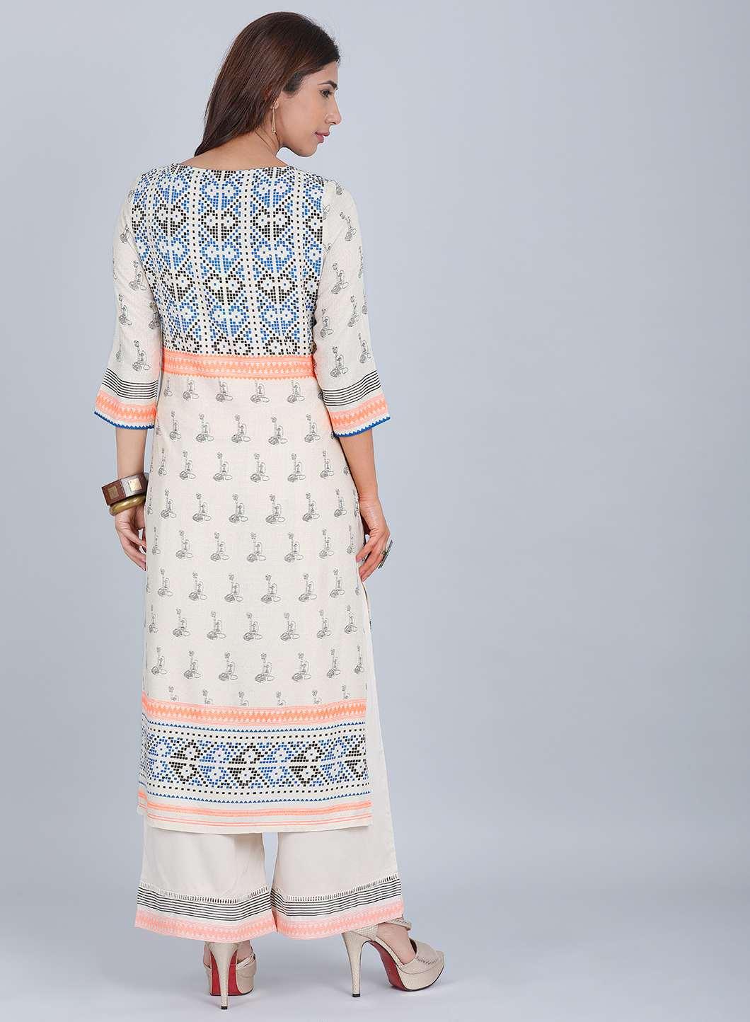 W for Woman Off-White & Orange Printed kurta