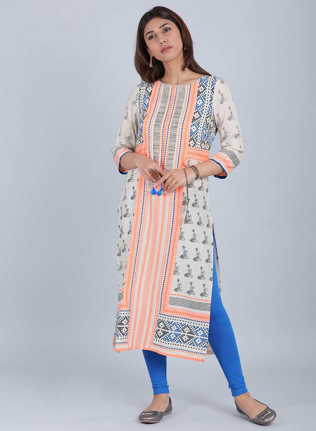 W for Woman Off-White & Orange Printed kurta