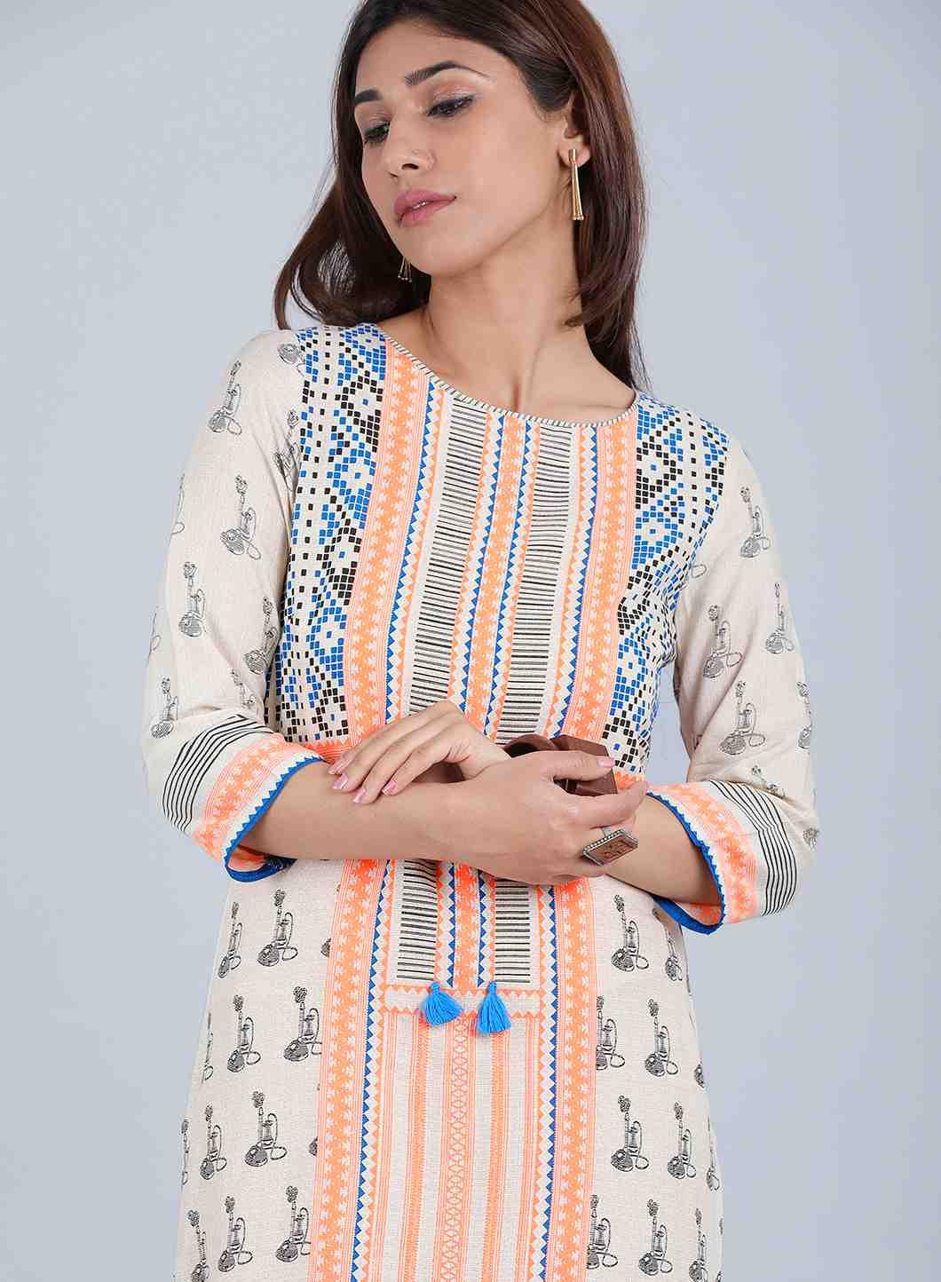 W for Woman Off-White & Orange Printed kurta