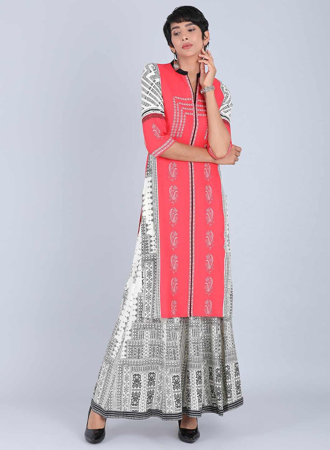 W for Woman Red Mandarin Neck Printed kurta