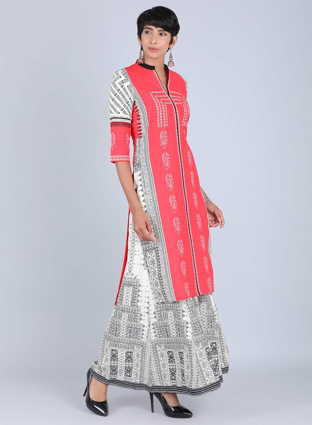 W for Woman Red Mandarin Neck Printed kurta