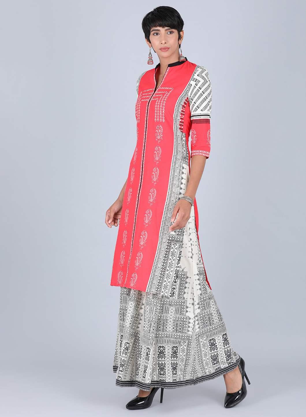W for Woman Red Mandarin Neck Printed kurta