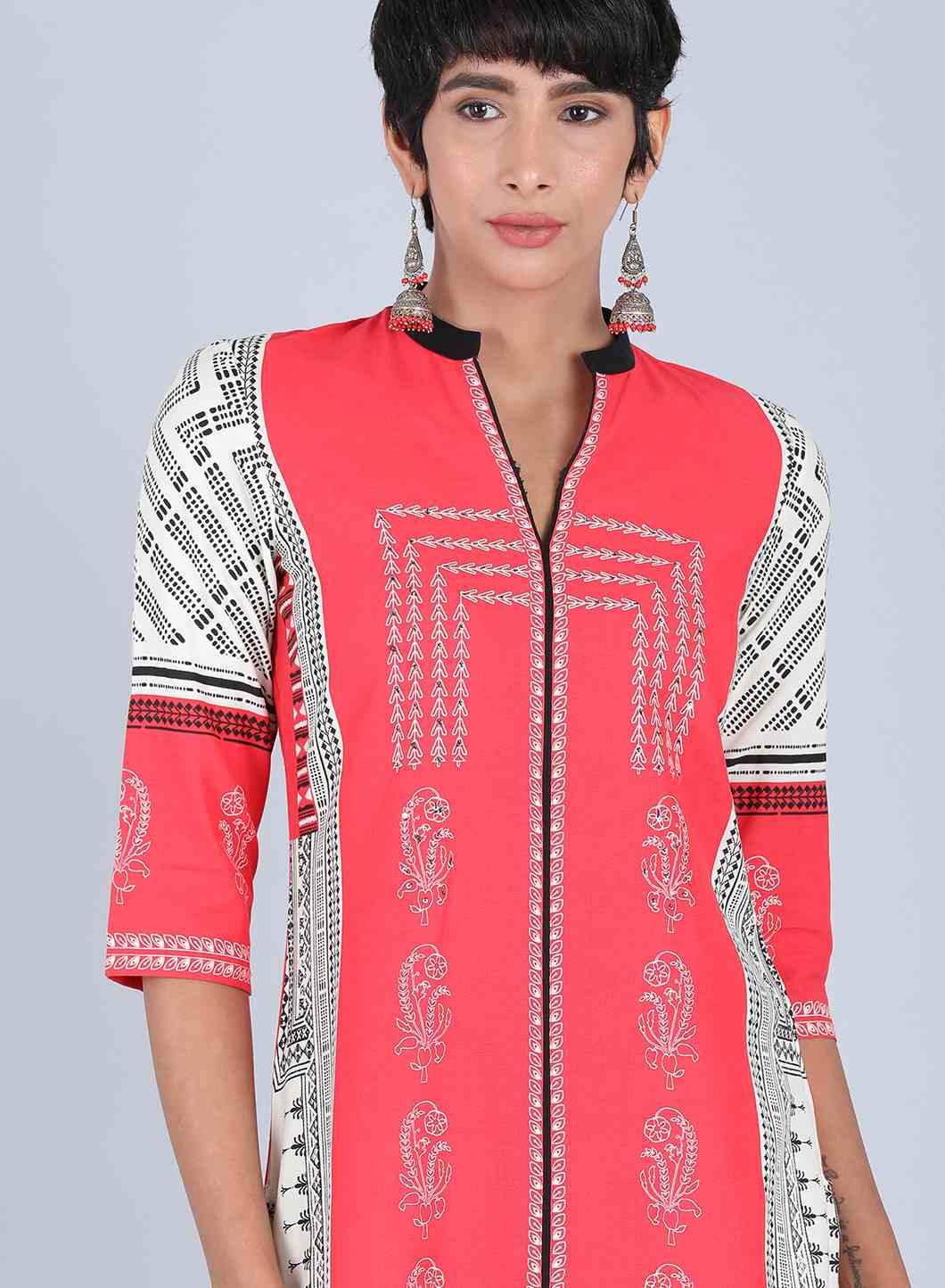 W for Woman Red Mandarin Neck Printed kurta