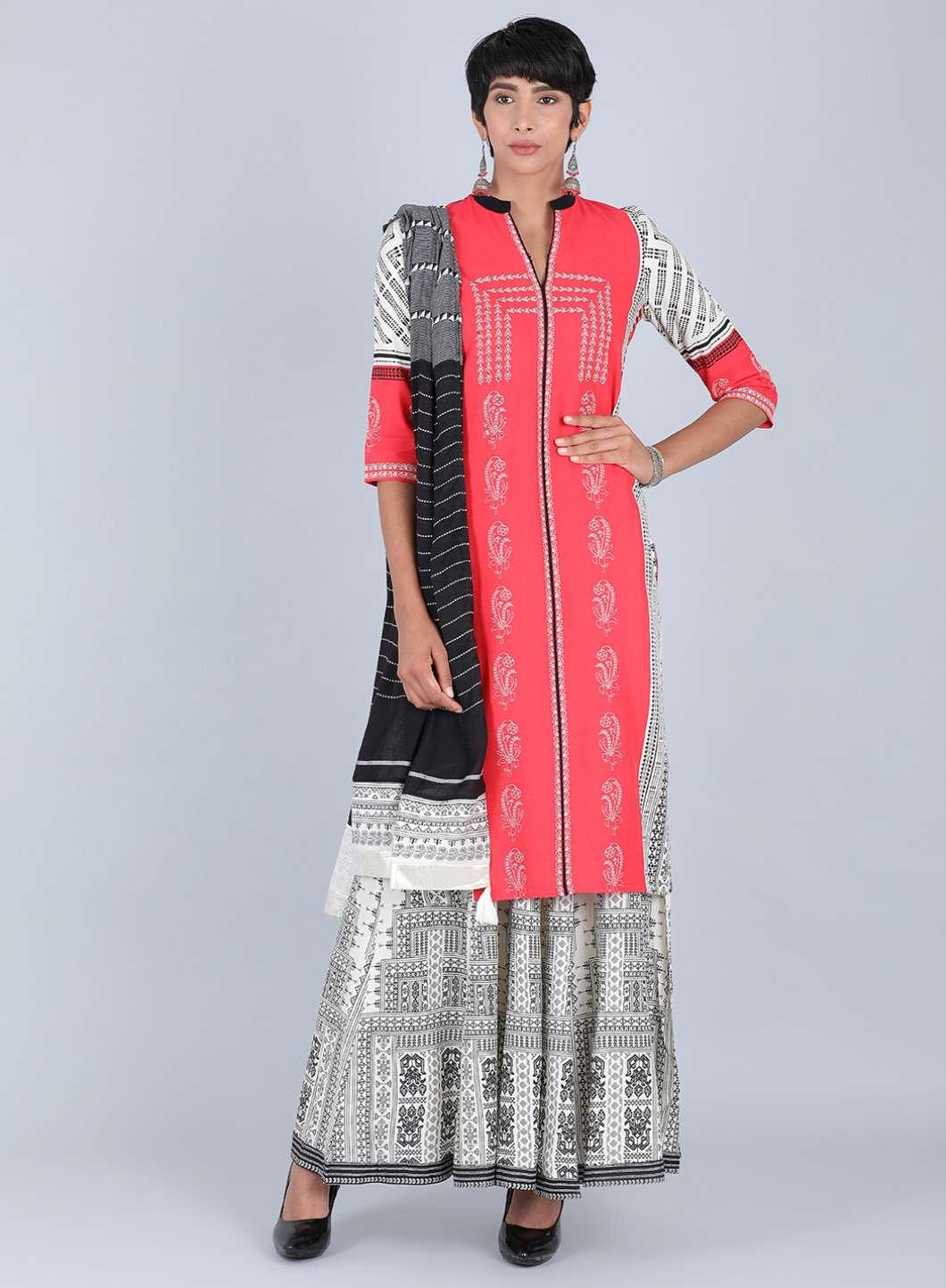W for Woman Red Mandarin Neck Printed kurta