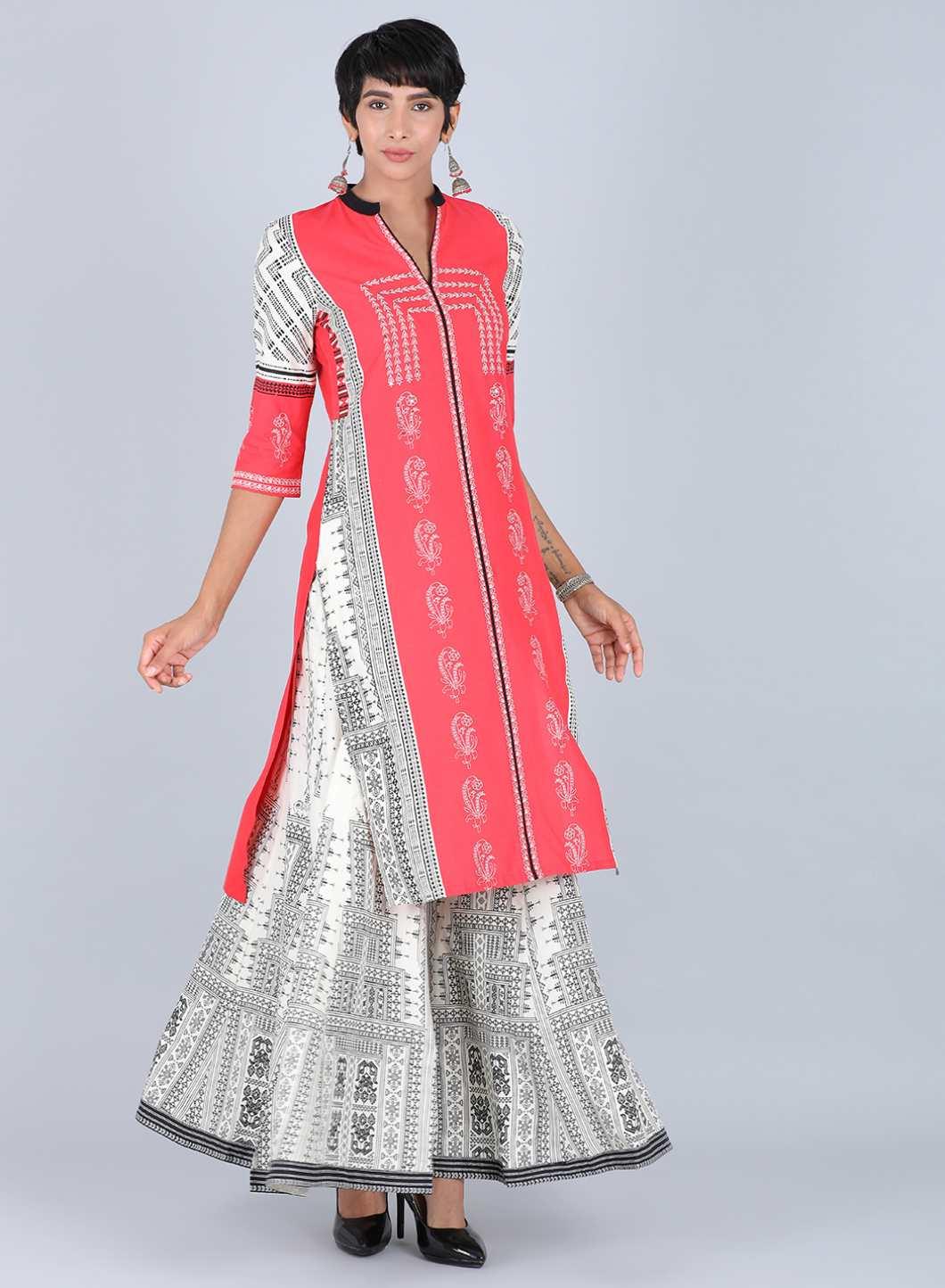 W for Woman Red Mandarin Neck Printed kurta