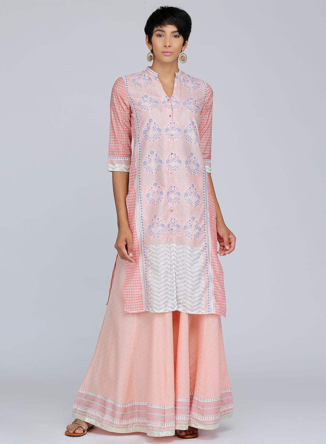 W for Woman Pink Mandarin Neck Printed kurta