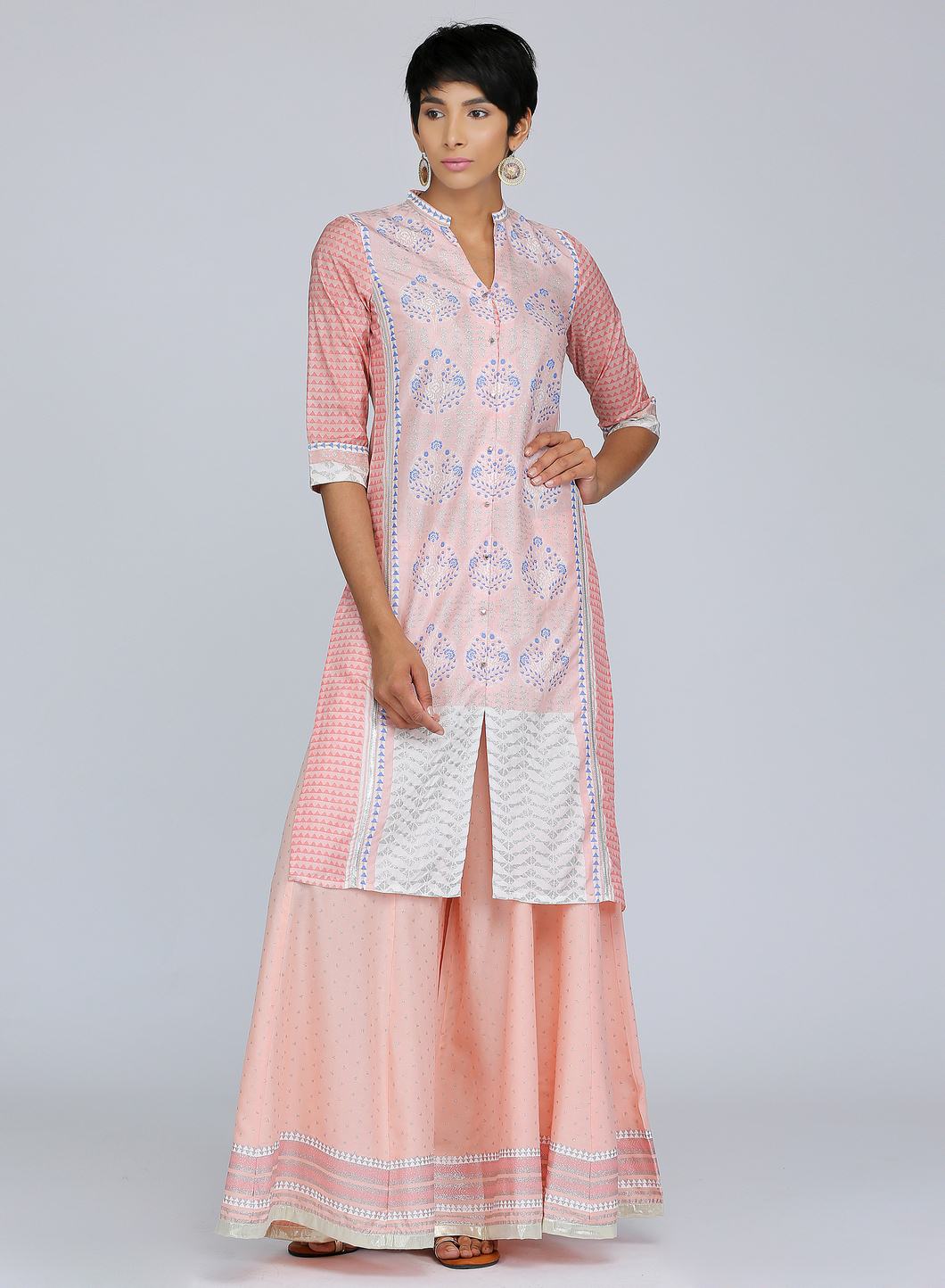 W for Woman Pink Mandarin Neck Printed kurta